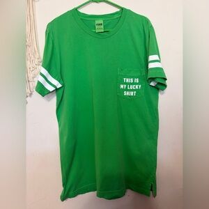 PINK Victoria's Secret Green Pocket Tee with White Sleeve Stripes
